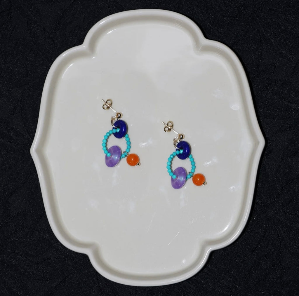 Chinoiserie Colorful Asymmetrical Hoop Earrings,Blue Purple,Lumivault.