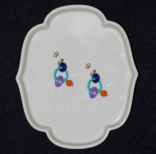 Chinoiserie Colorful Asymmetrical Hoop Earrings,Blue Purple,Lumivault.