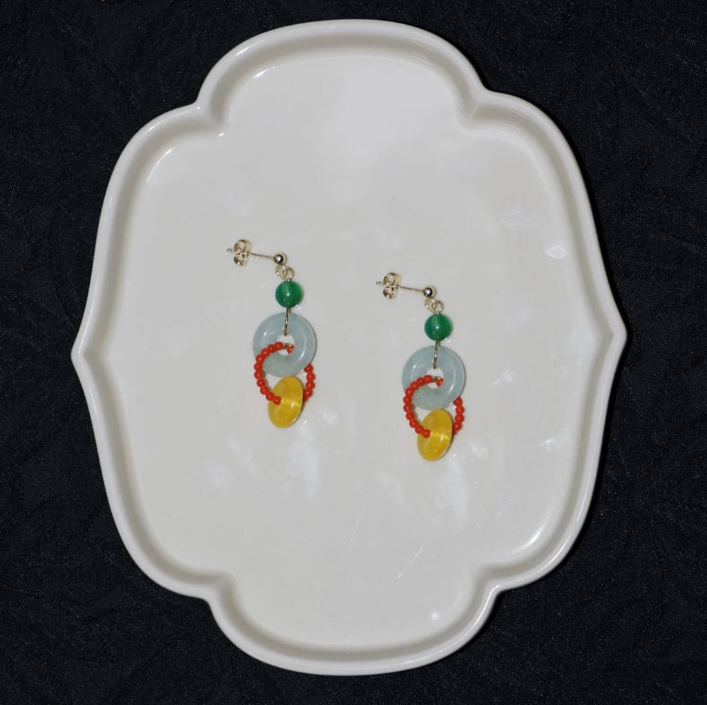 Chinoiserie Colorful Asymmetrical Hoop Earrings,Red Green,Lumivault.