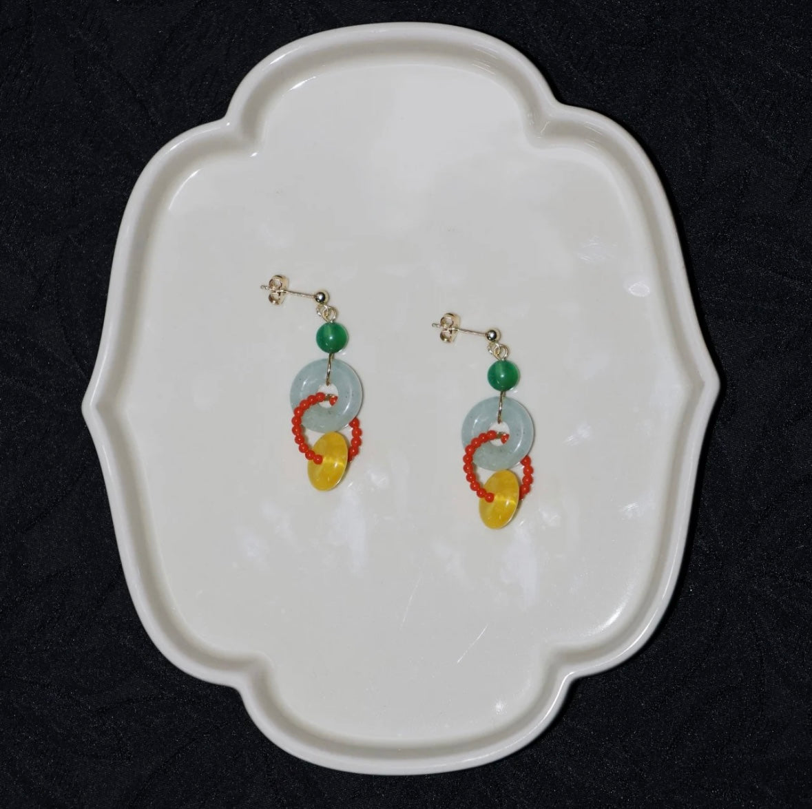 Chinoiserie Colorful Asymmetrical Hoop Earrings,Red Green,Lumivault.