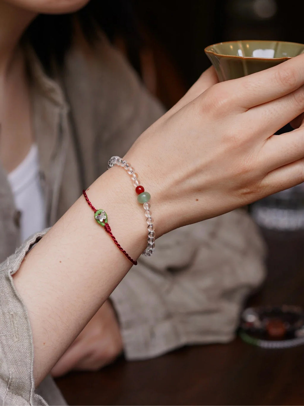 Chinoiserie Crystal Jade Beaded Bracelet,Lumivault.