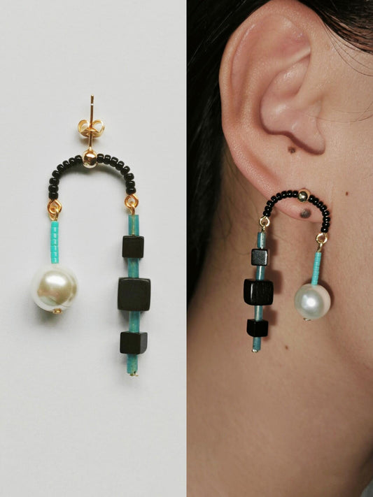 Chinoiserie Ebony Black Onyx Blue Natural Stone Earrings - Lumivault