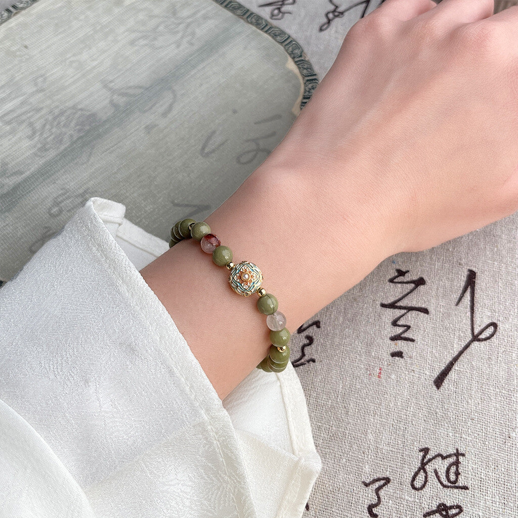 Chinoiserie Green Grapes Beaded Bracelet,Lumivault.