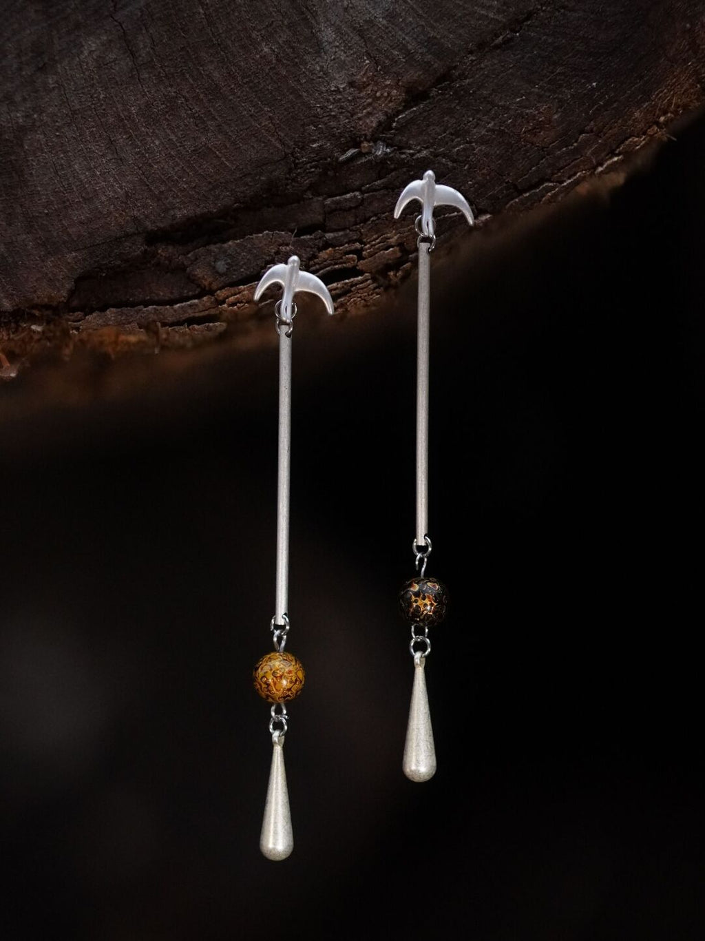 Chinoiserie Swallow Lacquer Bead Long Earrings,Lumivault.