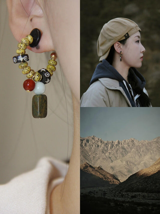 Chinoiserie Mountain Sandalwood Agate Earrings - Lumivault
