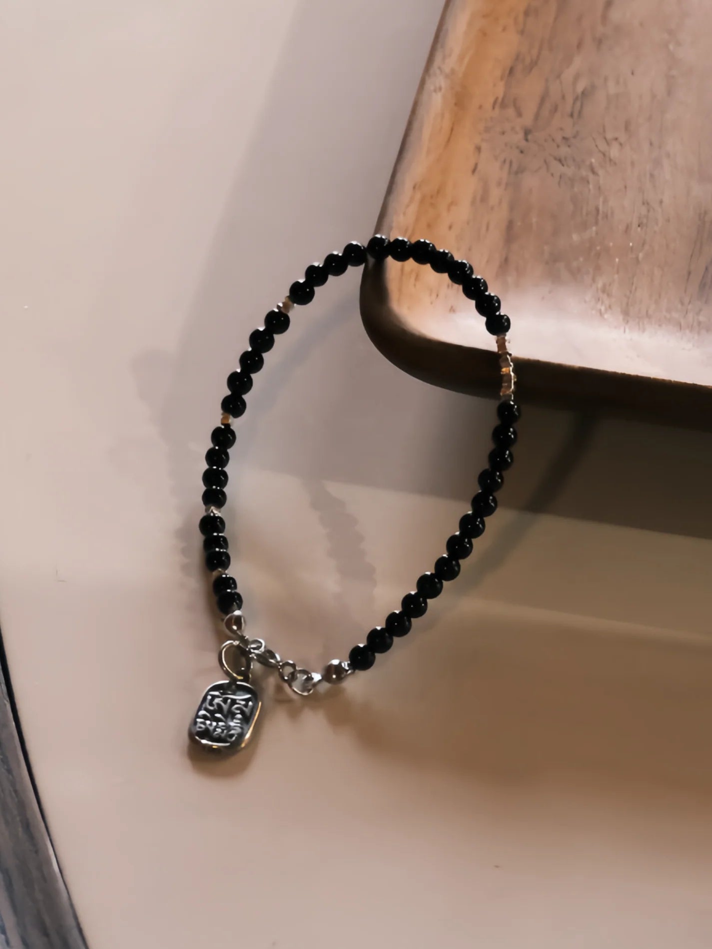 Chinoiserie Peace Talisman Black Onyx Beaded Bracelet,Lumivault.