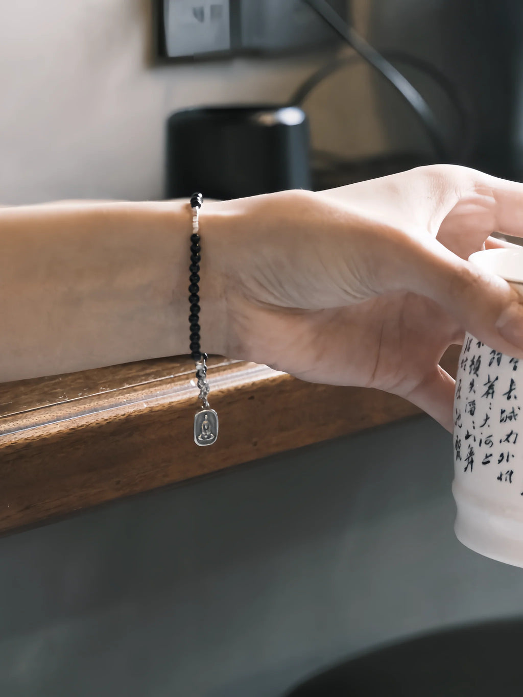 Chinoiserie Peace Talisman Black Onyx Beaded Bracelet,Lumivault.