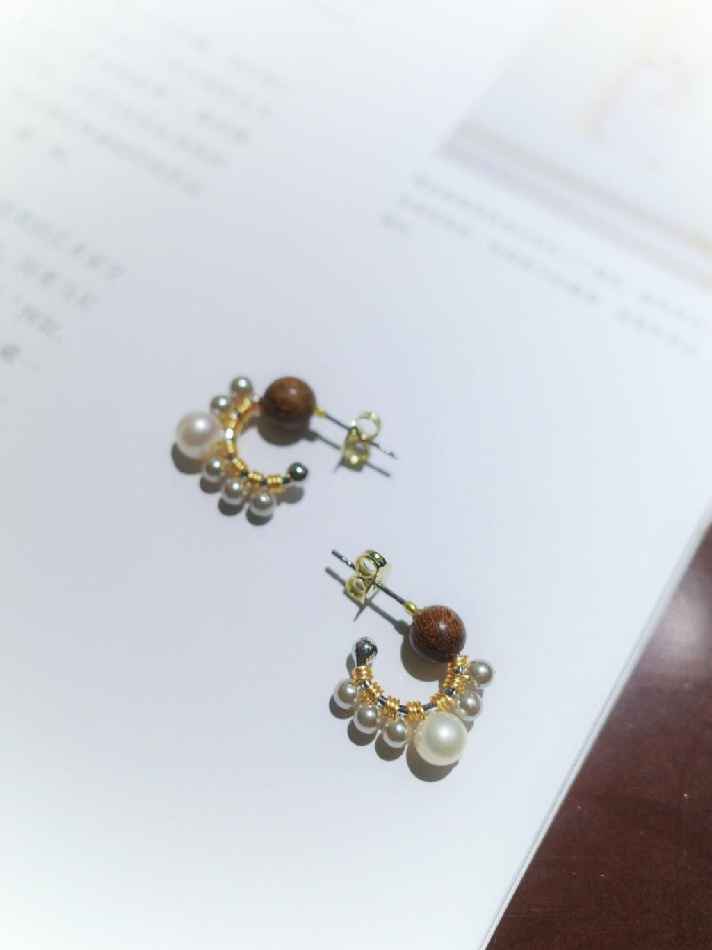 Chinoiserie Pearl Sandalwood Small Earrings,Lumivault.