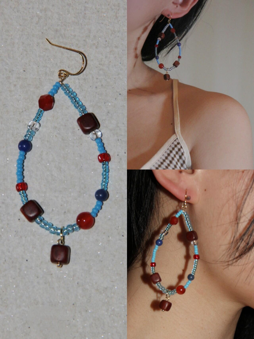 Chinoiserie Red & Blue Teardrop Shaped Earrings,Lumivault.