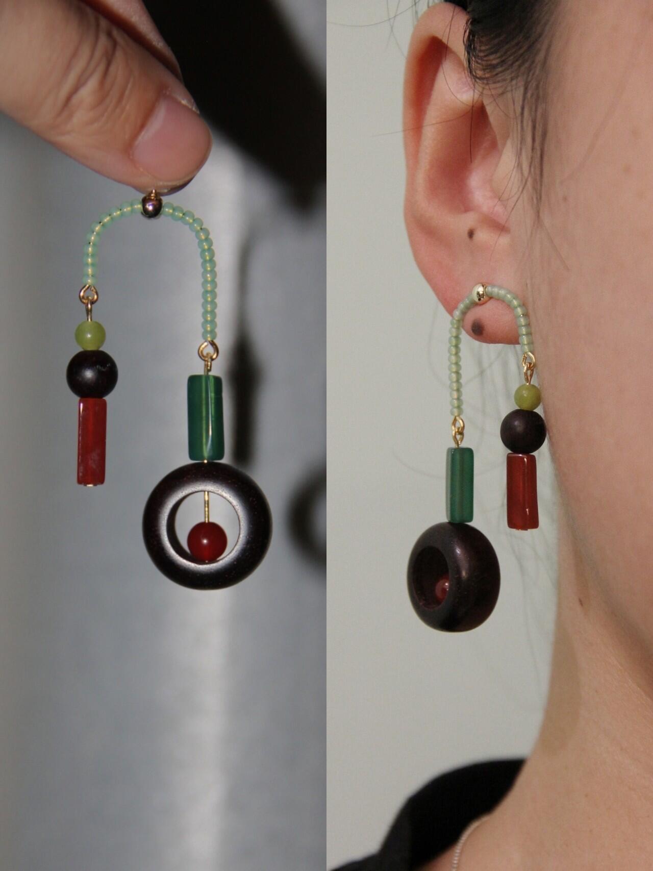 Chinoiserie Red & Green Asymmetrical Earrings,Lumivault.