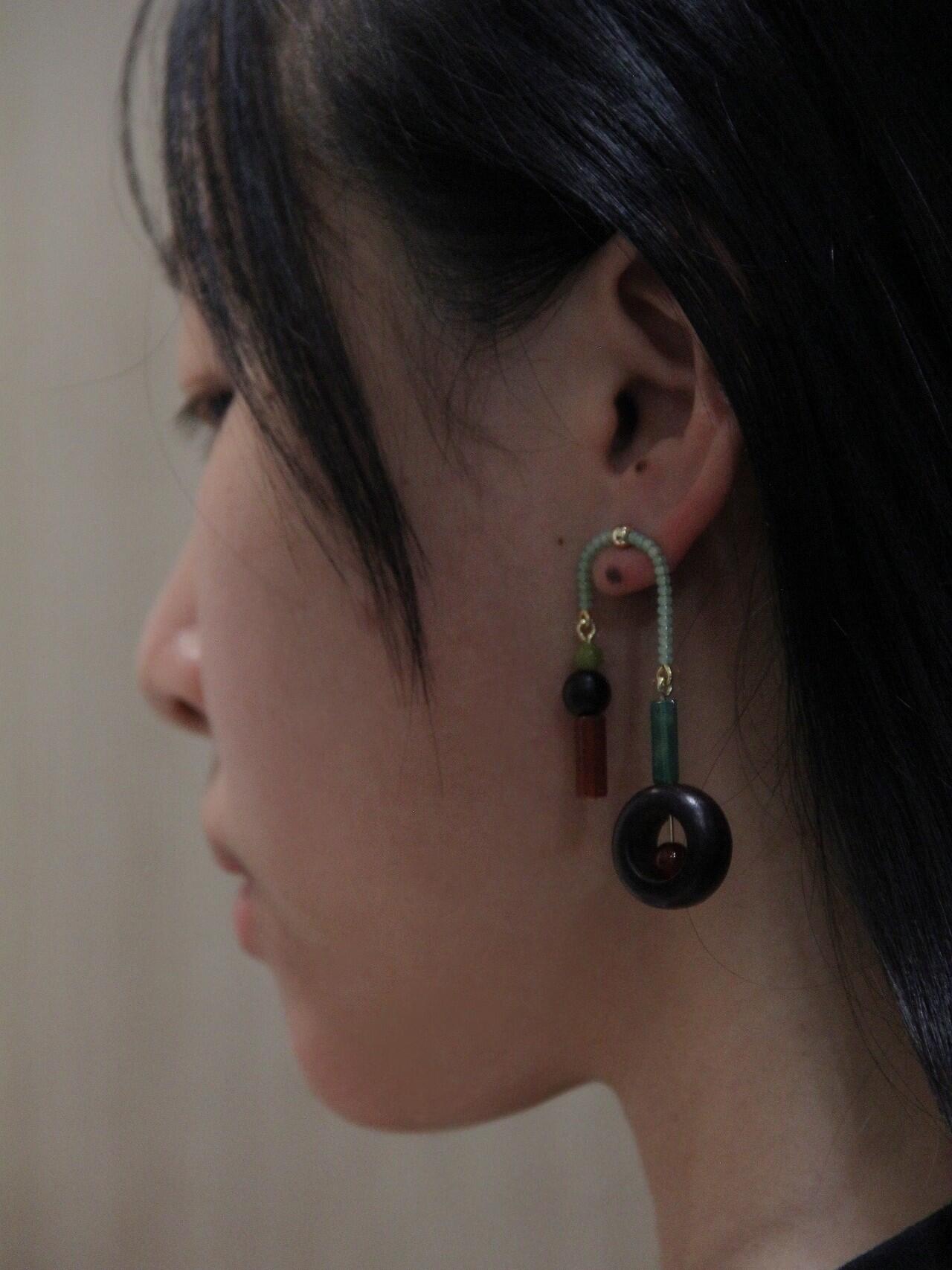 Chinoiserie Red & Green Asymmetrical Earrings,Lumivault.