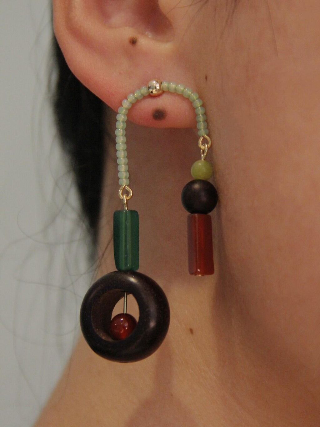 Chinoiserie Red & Green Asymmetrical Earrings,Lumivault.