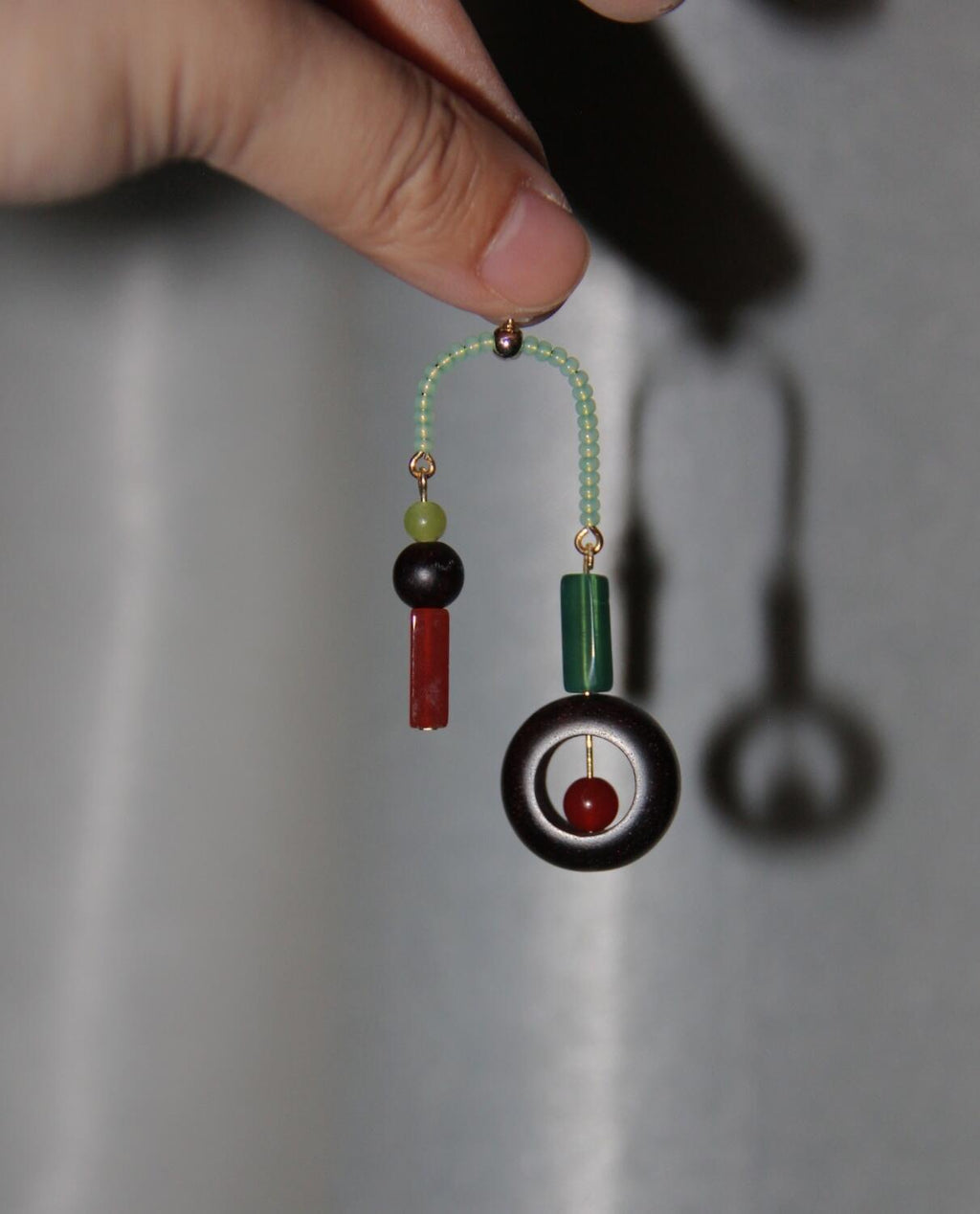Chinoiserie Red & Green Asymmetrical Earrings,Lumivault.