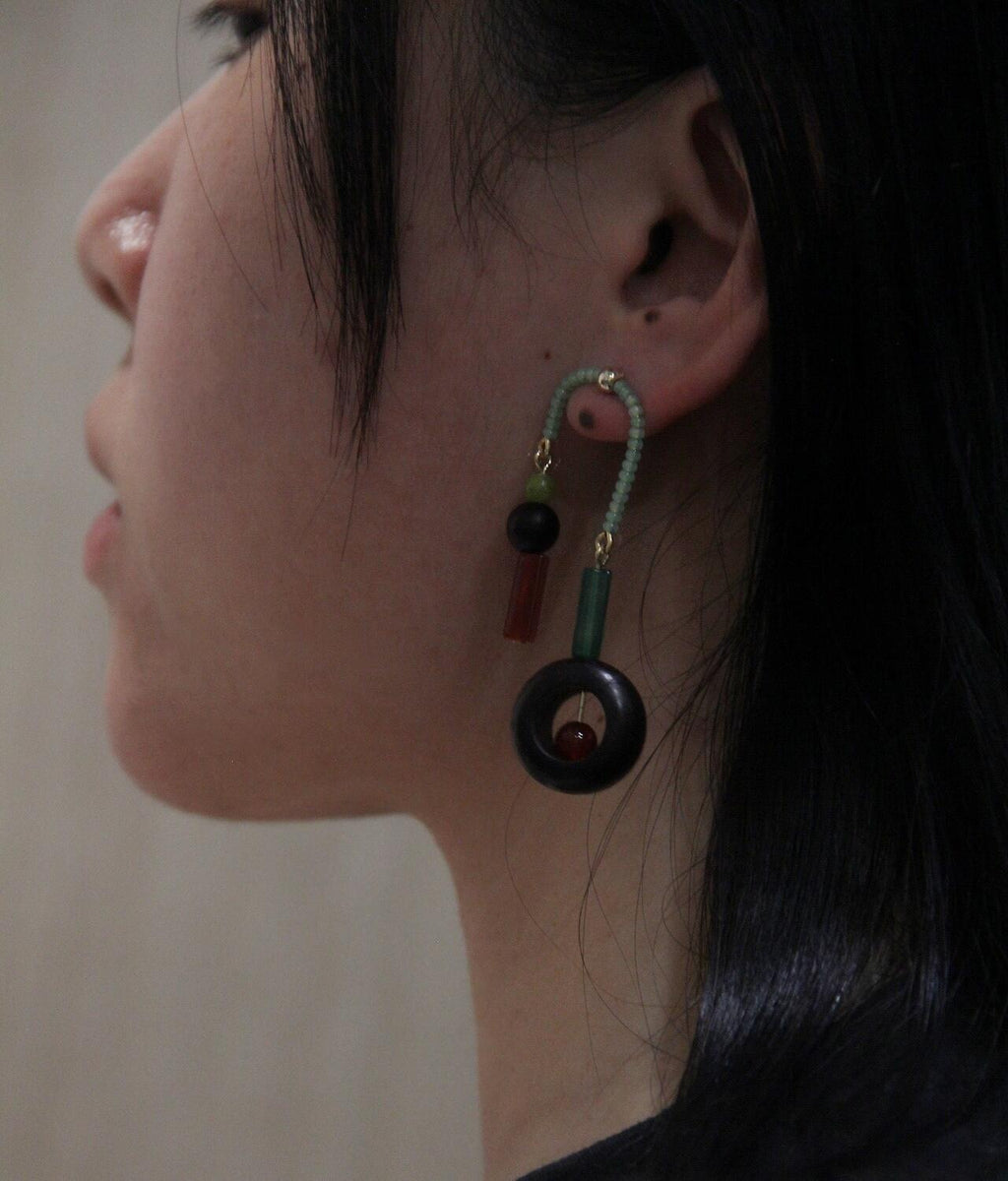 Chinoiserie Red & Green Asymmetrical Earrings,Lumivault.