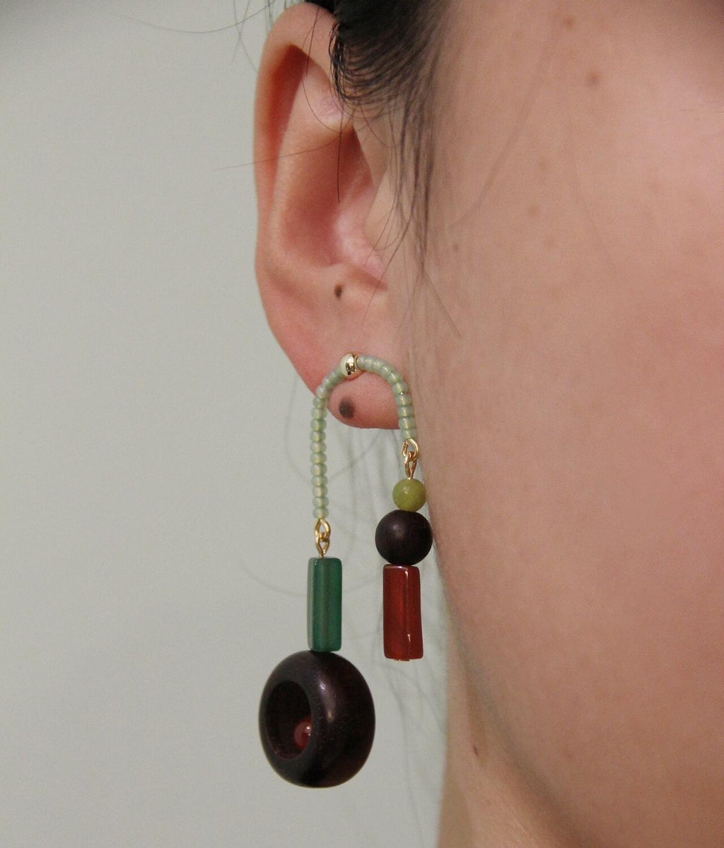Chinoiserie Red & Green Asymmetrical Earrings,Lumivault.