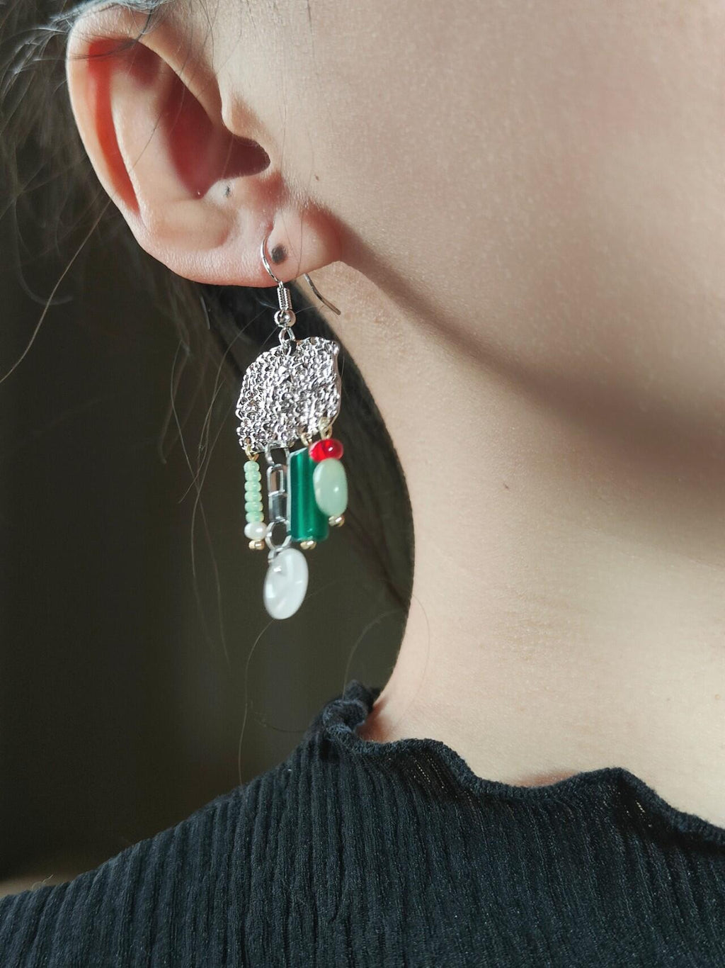 Chinoiserie Red & Green Festive Tassel Earrings,Studs / Green,Lumivault.