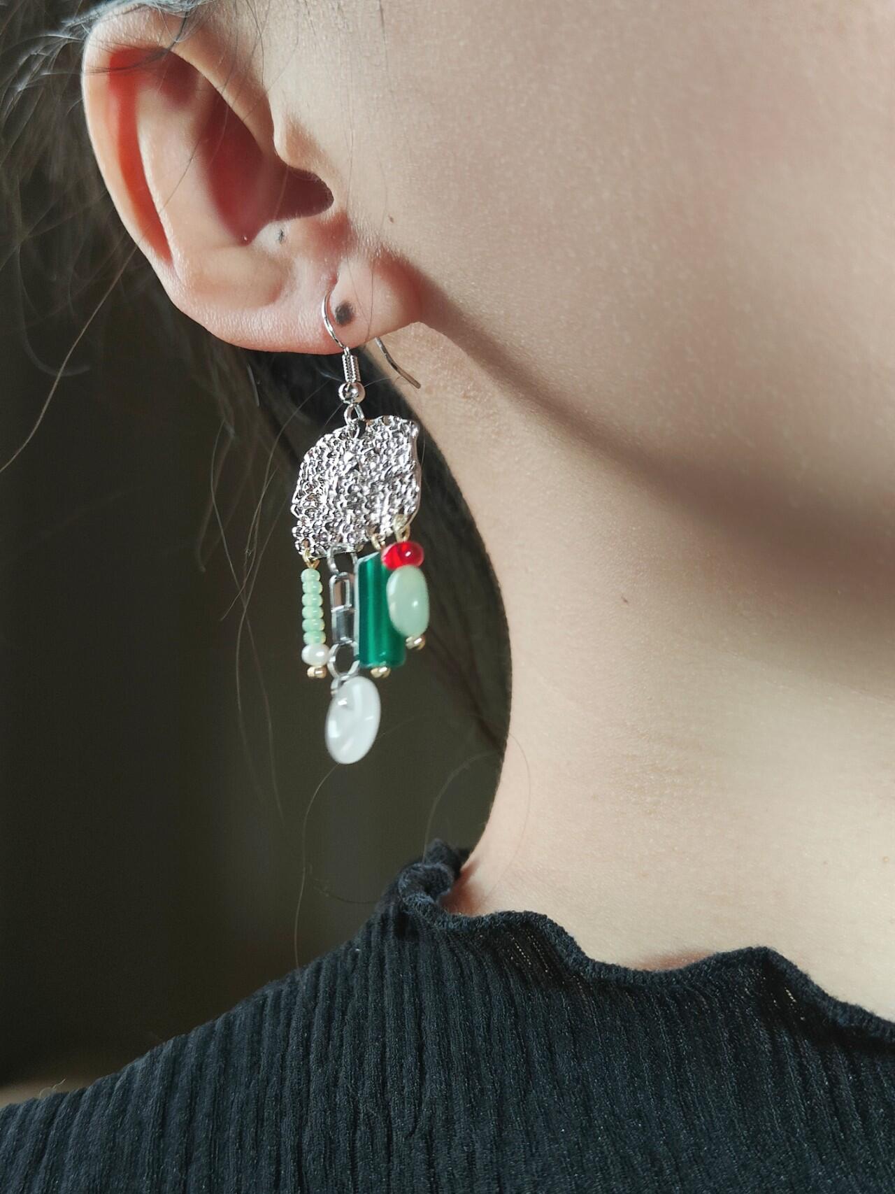 Chinoiserie Red & Green Festive Tassel Earrings,Studs / Green,Lumivault.