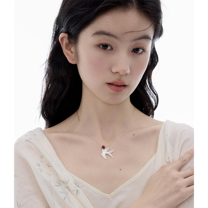 Chinoiserie Swallow Silver Necklace,Lumivault.