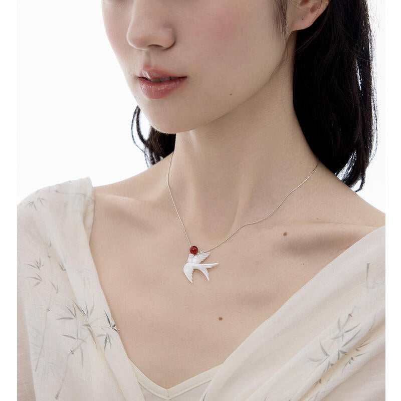 Chinoiserie Swallow Silver Necklace,Lumivault.