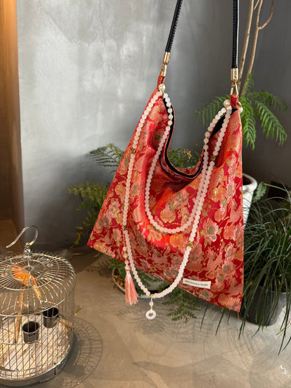 Chinoiserie Auspicious Peony Qilin Pattern Beaded Tassel Silk Bag - Lumivault