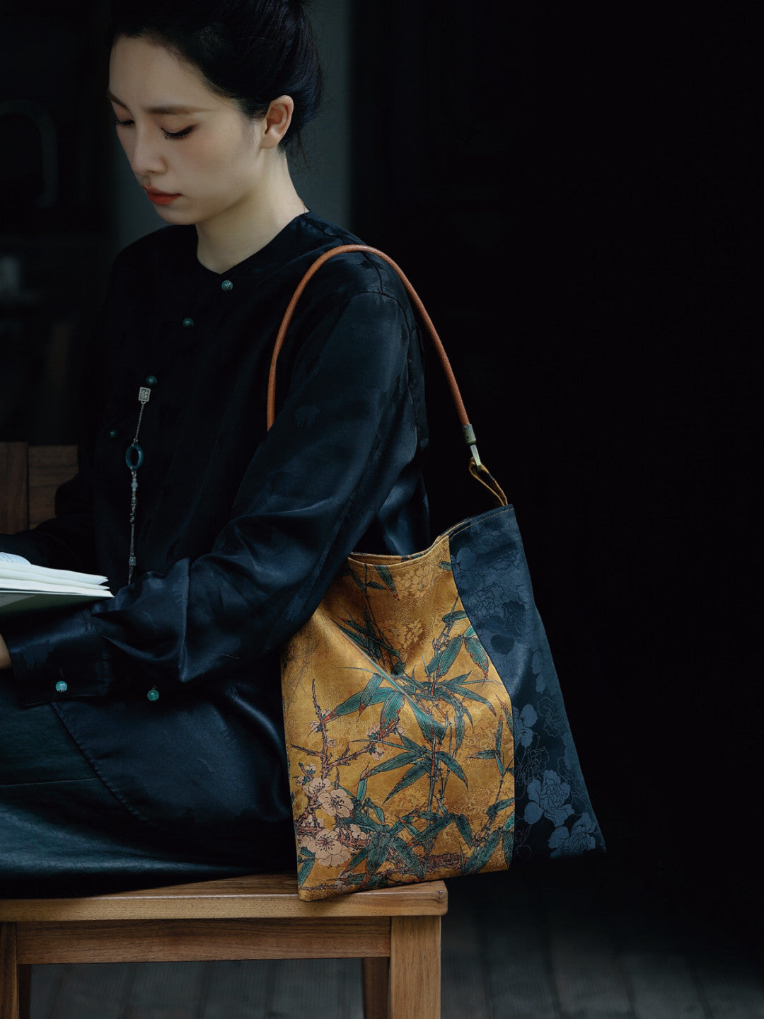 Chinoiserie Bamboo Blossom Silk Tote Bag - Lumivault