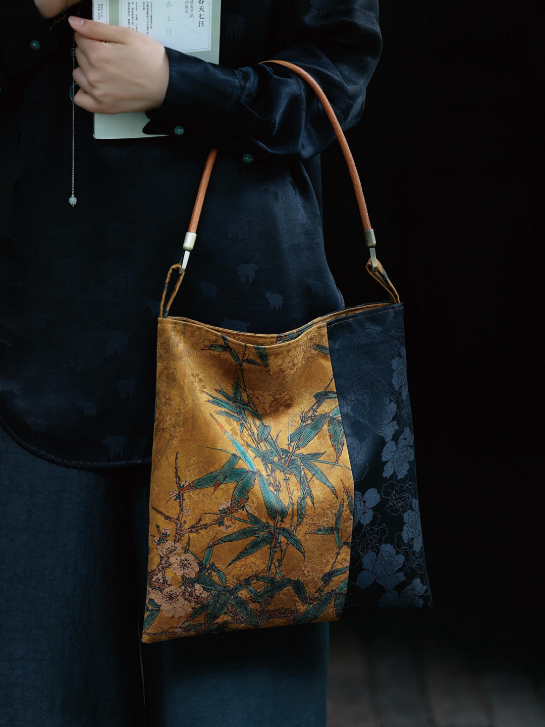 Chinoiserie Bamboo Blossom Silk Tote Bag - Lumivault