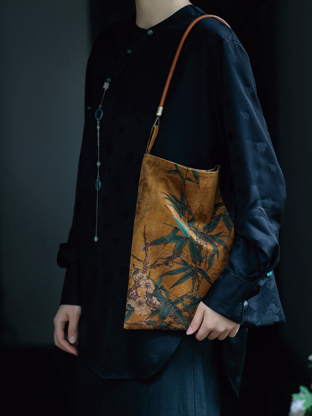 Chinoiserie Bamboo Blossom Silk Tote Bag - Lumivault