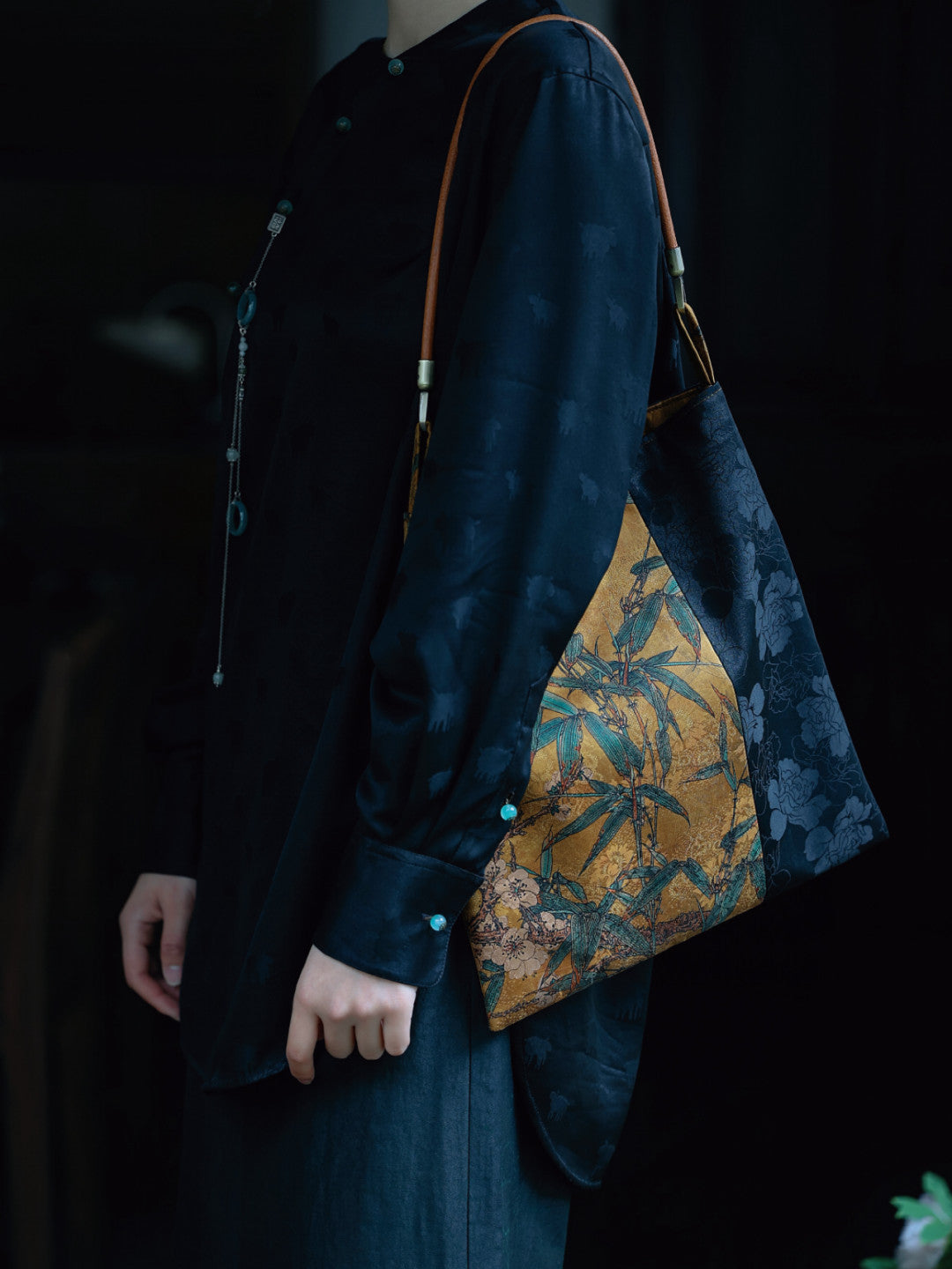 Chinoiserie Bamboo Blossom Silk Tote Bag - Lumivault