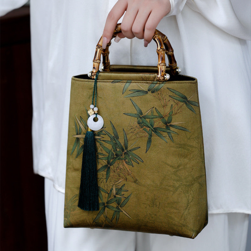 Chinoiserie Bamboo Leaves Printed Silk Handbag - Lumivault