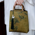 Chinoiserie Bamboo Leaves Printed Silk Handbag - Lumivault