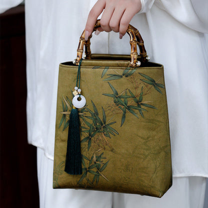 Chinoiserie Bamboo Leaves Printed Silk Handbag - Lumivault