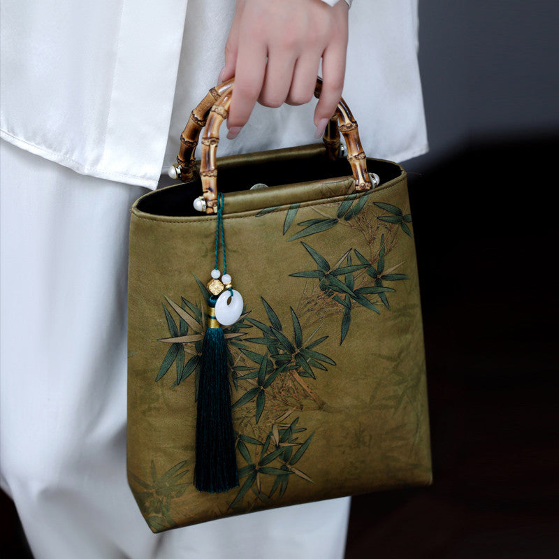 Chinoiserie Bamboo Leaves Printed Silk Handbag - Lumivault
