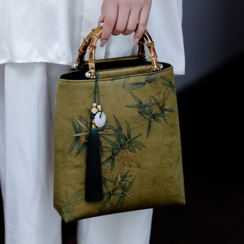 Chinoiserie Bamboo Leaves Printed Silk Handbag - Lumivault