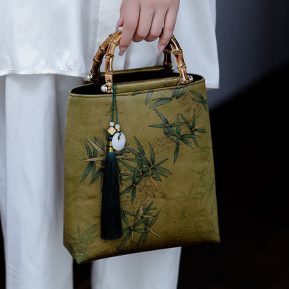 Chinoiserie Bamboo Leaves Printed Silk Handbag - Lumivault