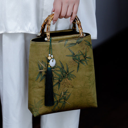 Chinoiserie Bamboo Leaves Printed Silk Handbag - Lumivault
