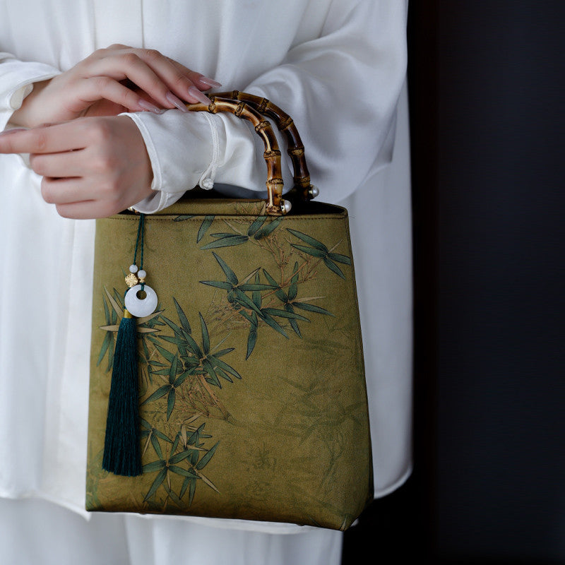 Chinoiserie Bamboo Leaves Printed Silk Handbag - Lumivault