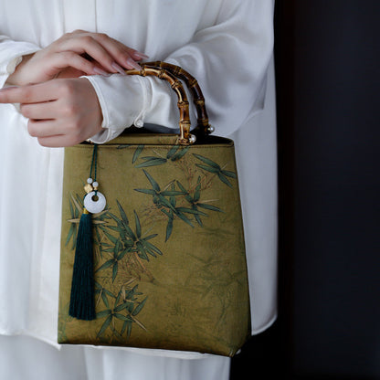 Chinoiserie Bamboo Leaves Printed Silk Handbag - Lumivault
