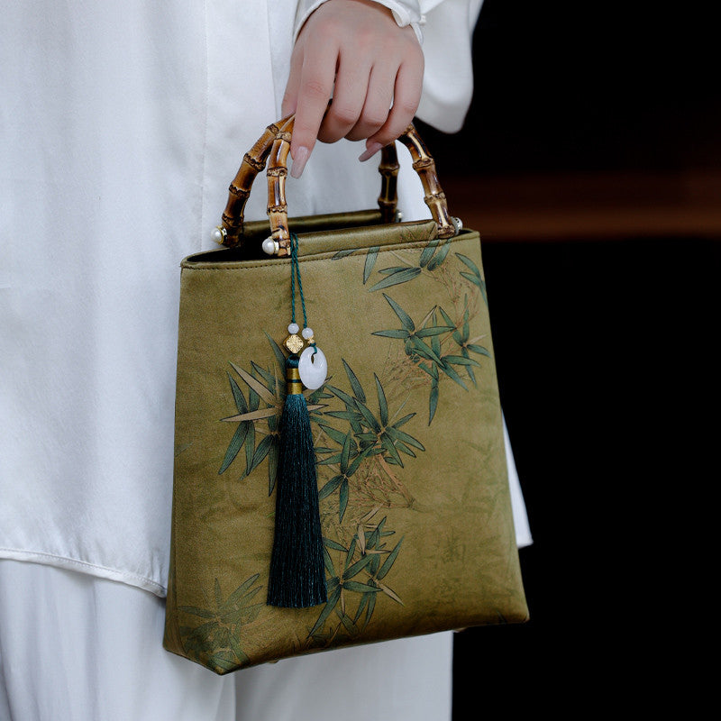 Chinoiserie Bamboo Leaves Printed Silk Handbag - Lumivault