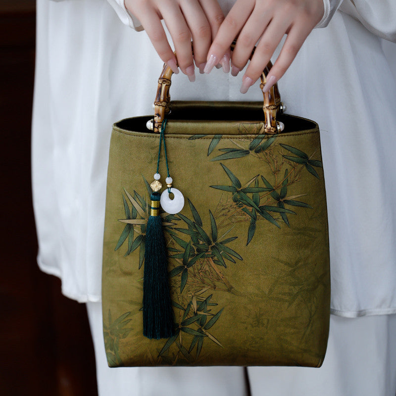Chinoiserie Bamboo Leaves Printed Silk Handbag - Lumivault