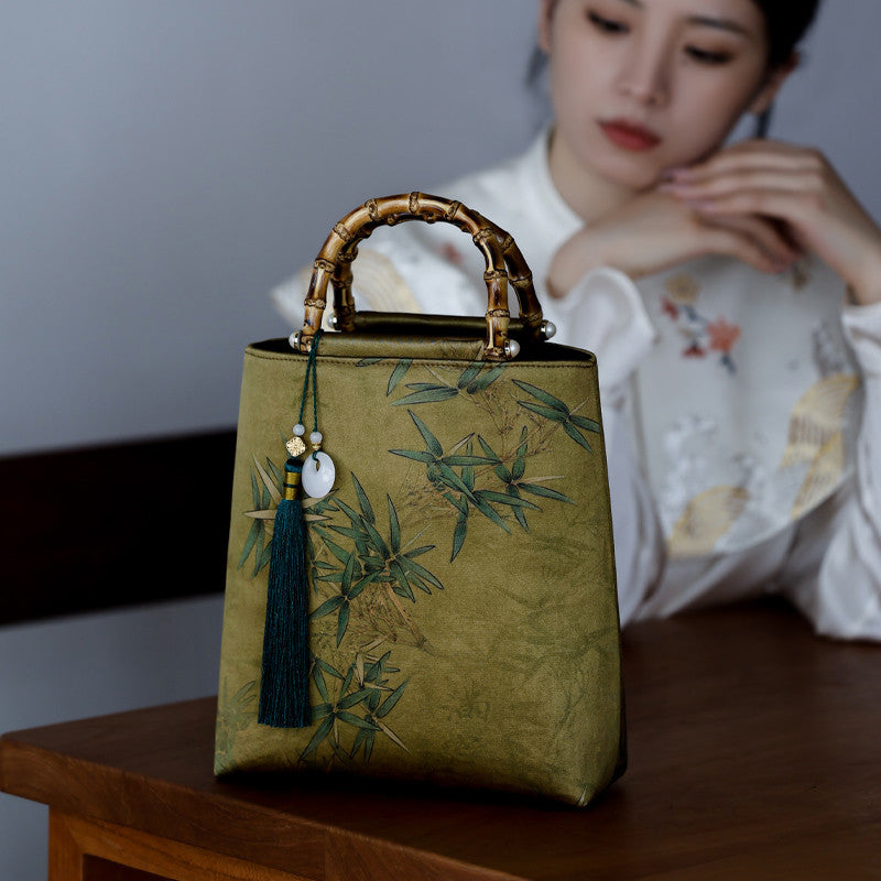 Chinoiserie Bamboo Leaves Printed Silk Handbag - Lumivault