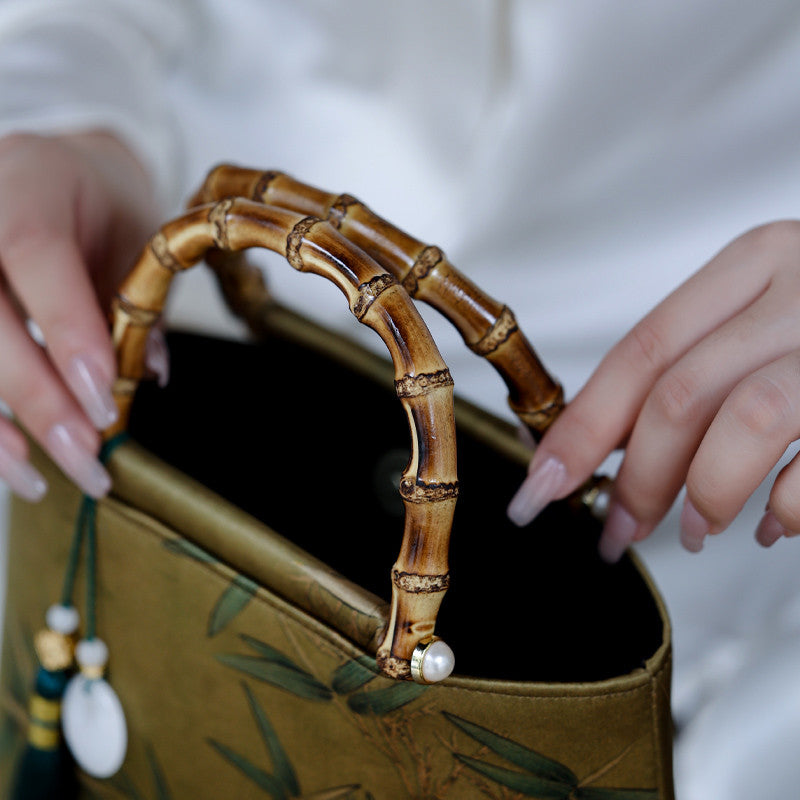 Chinoiserie Bamboo Leaves Printed Silk Handbag - Lumivault