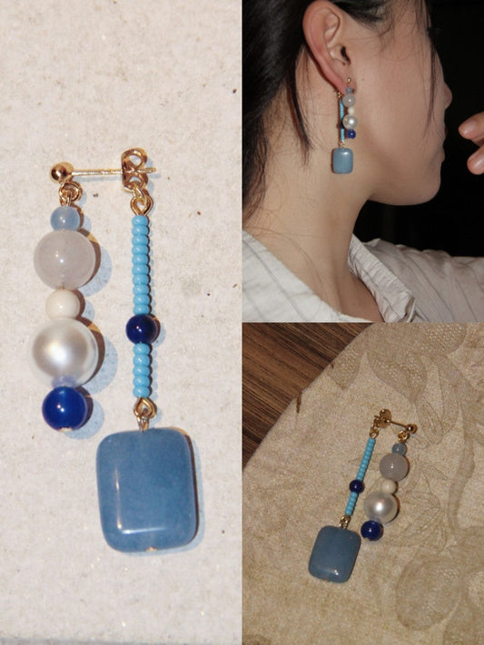 Chinoiserie Blue River Natural Stones Beaded Earrings