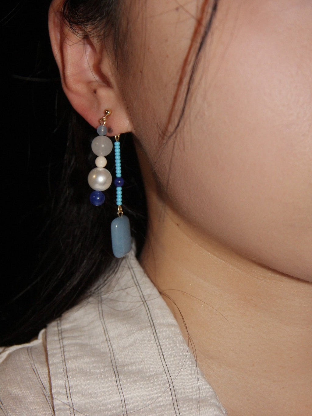 Chinoiserie Blue River Natural Stones Beaded Earrings,Lumivault.