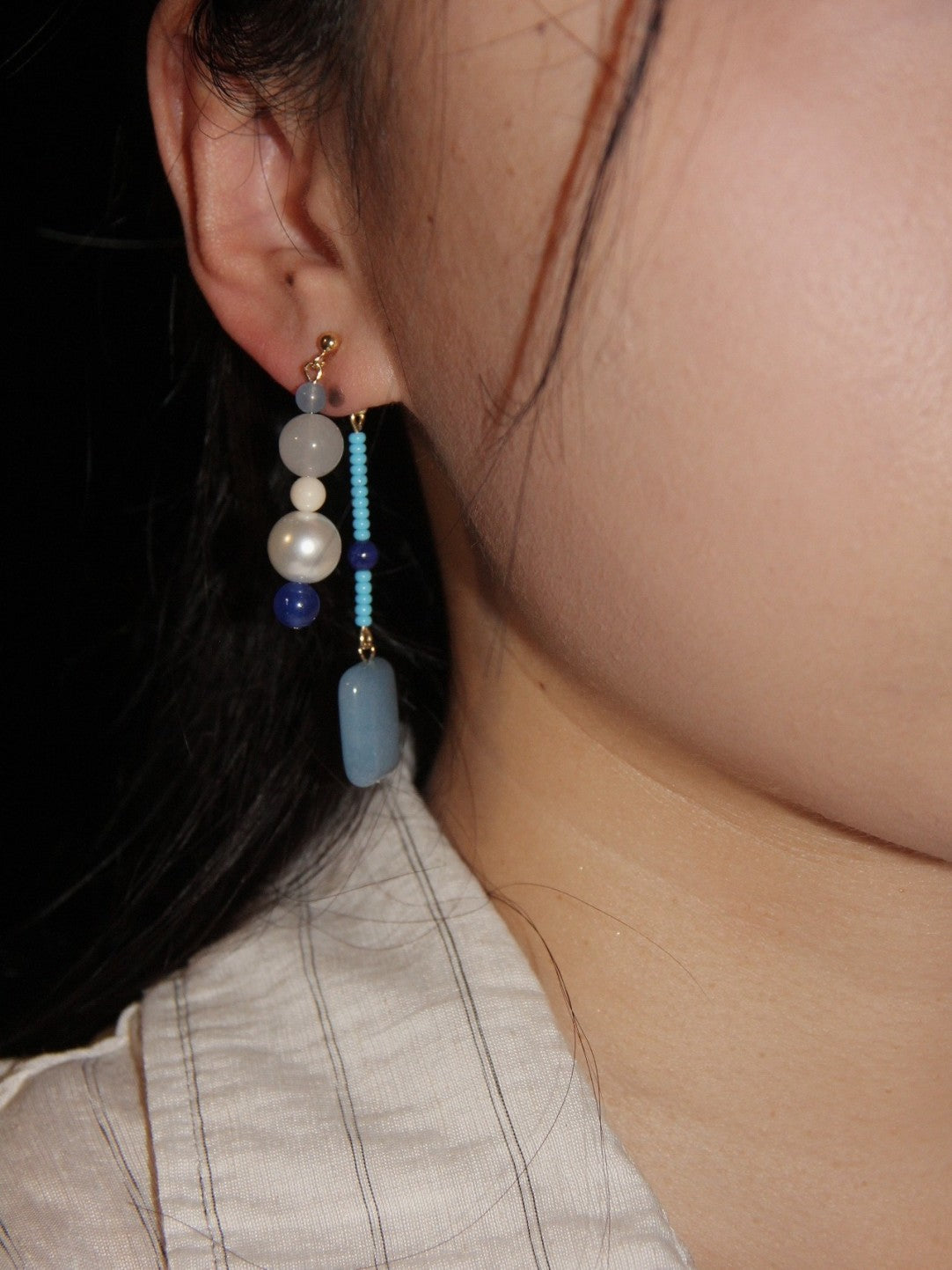 Chinoiserie Blue River Natural Stones Beaded Earrings,Lumivault.