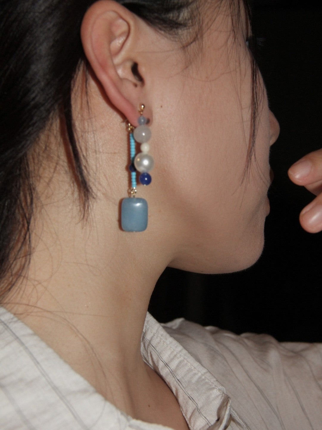 Chinoiserie Blue River Natural Stones Beaded Earrings,Lumivault.