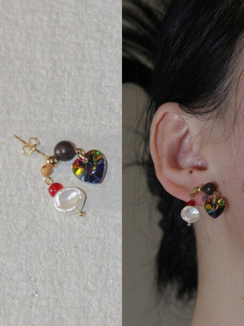 Chinoiserie Colored Glaze Pearl Heart Earrings,Lumivault.