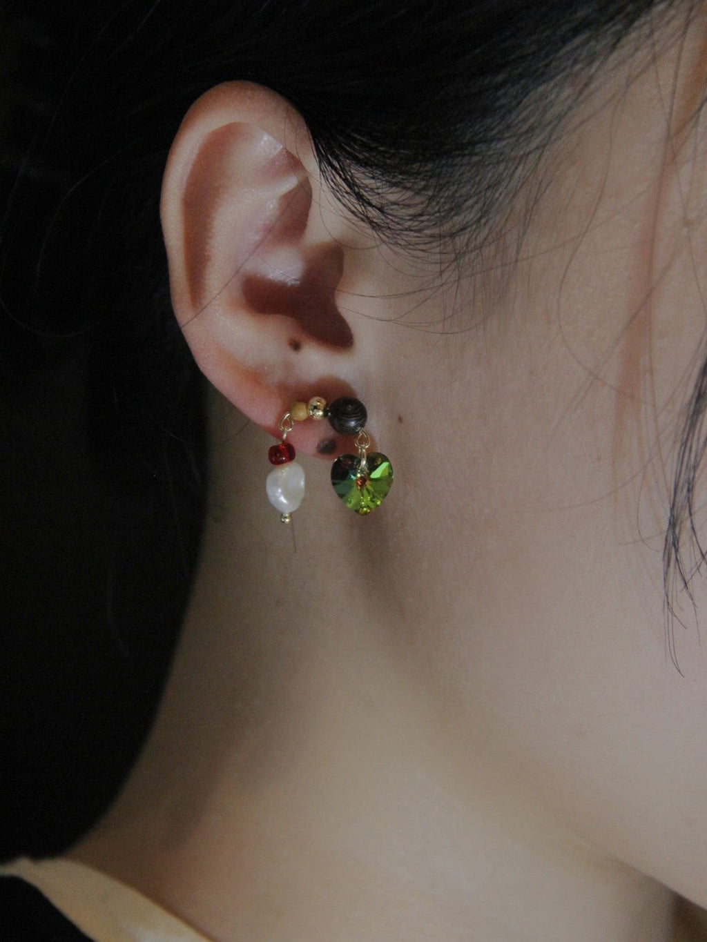 Chinoiserie Colored Glaze Pearl Heart Earrings,Lumivault.