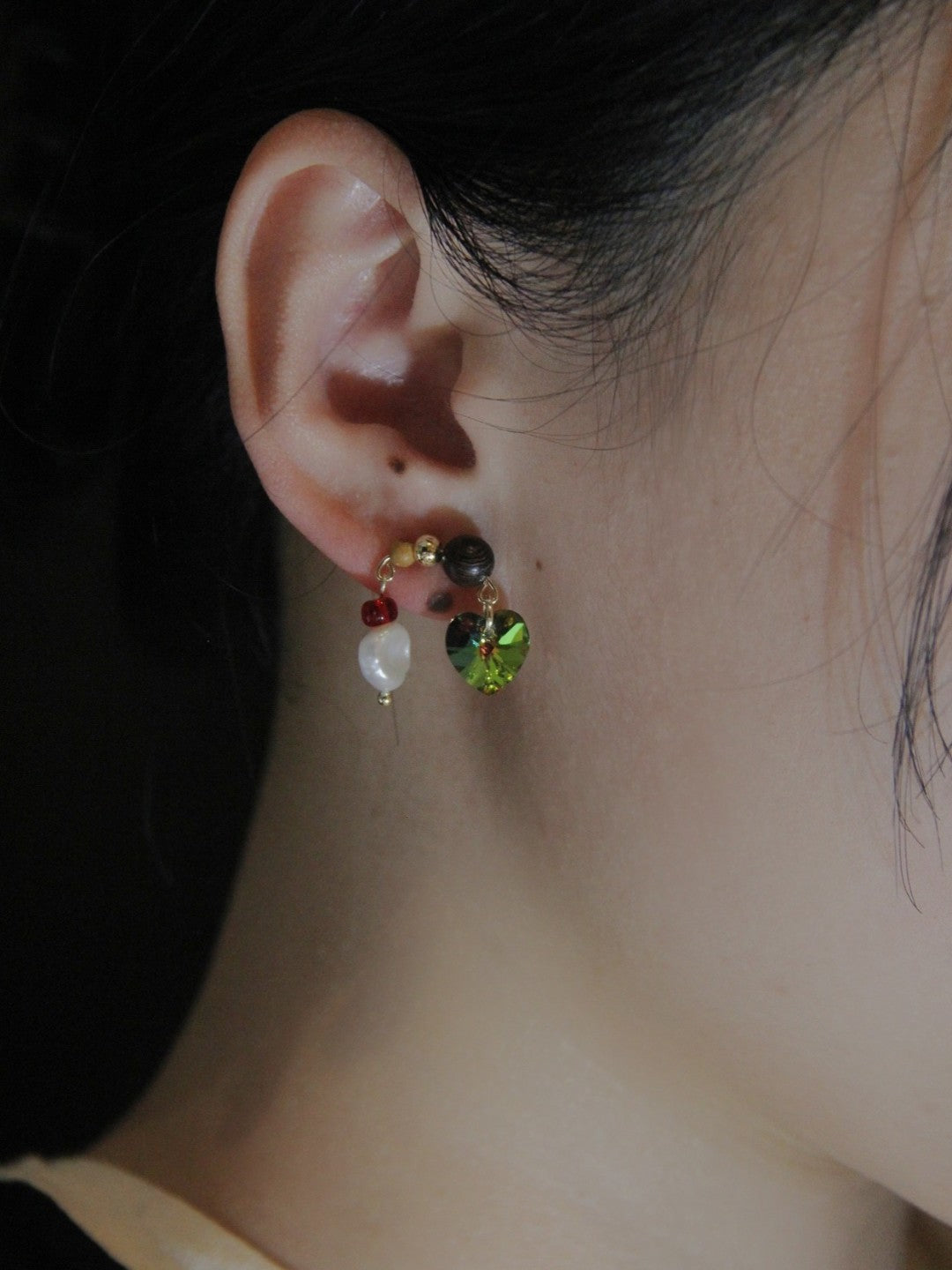 Chinoiserie Colored Glaze Pearl Heart Earrings,Lumivault.