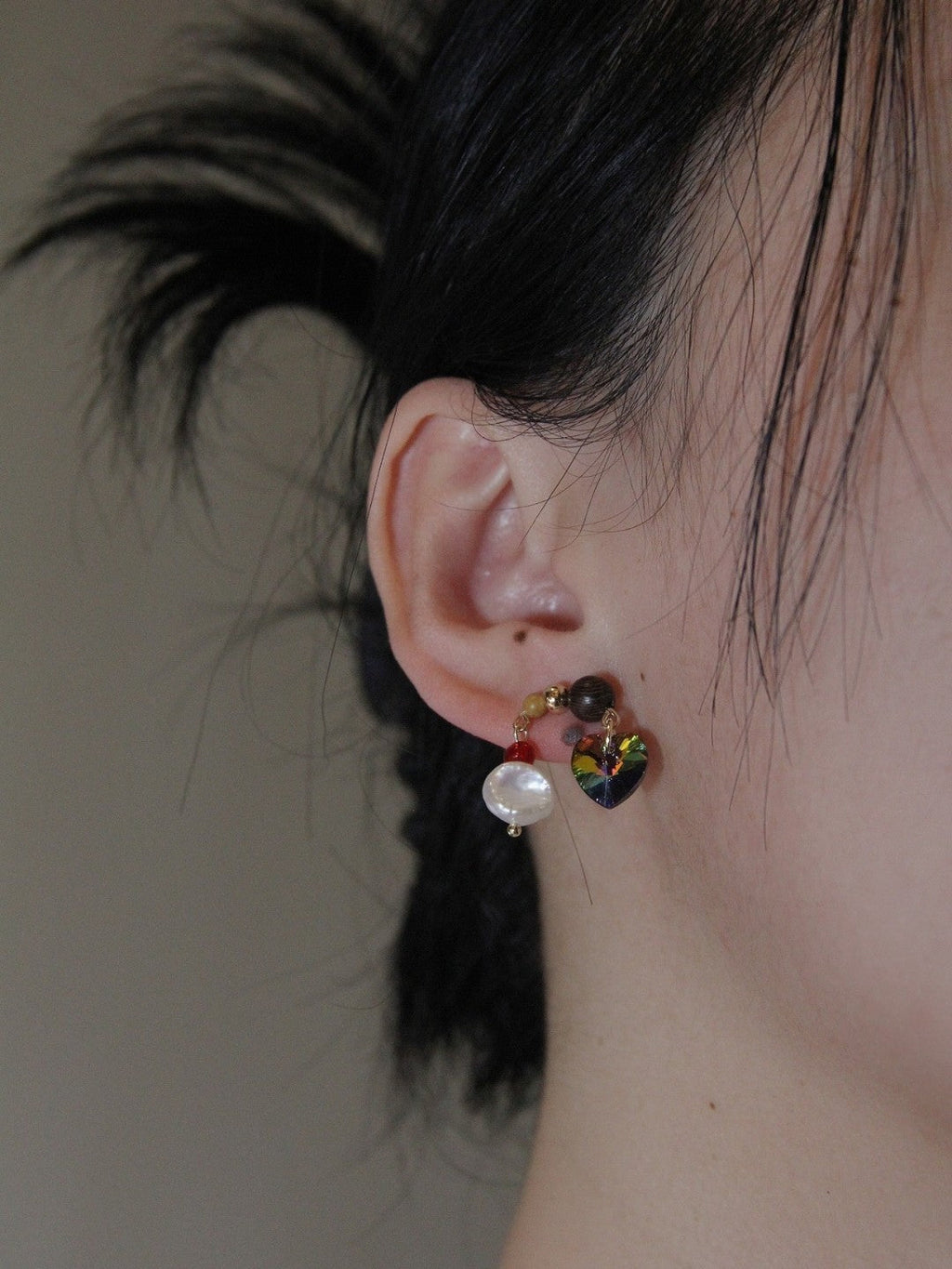 Chinoiserie Colored Glaze Pearl Heart Earrings,Lumivault.