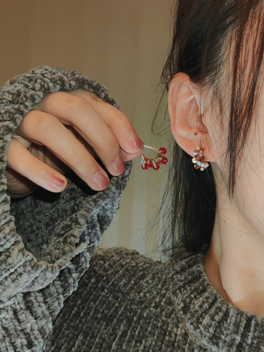 Chinoiserie Colored Glaze Pearl Hoop Earrings,Lumivault.